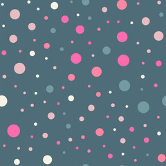 Colorful polka dots seamless pattern on bright 8 background. Fetching classic colorful polka dots textile pattern. Seamless scattered confetti fall chaotic decor. Abstract vector illustration.