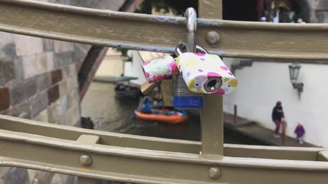 A Love Padlock In Prague Tourist On Boat Slow motion