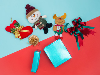 Christmas decoration background over bcolour background, above view with copy space for text .top view composition.