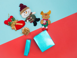 Christmas decoration background over bcolour background, above view with copy space for text .top view composition.