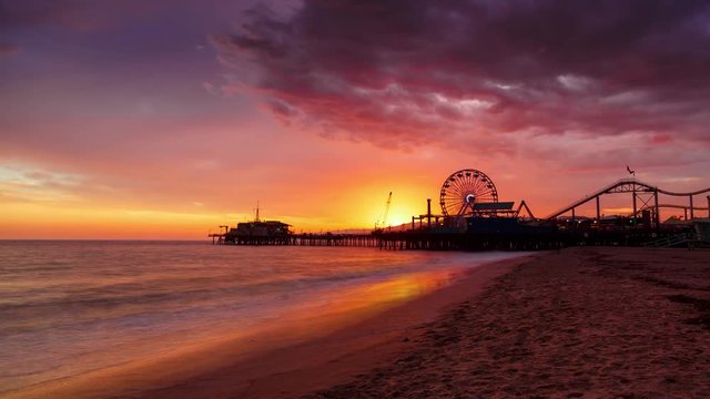 Beautiful colorful sunset at Santa Monica beach, California. 4K UHD Timelapse.