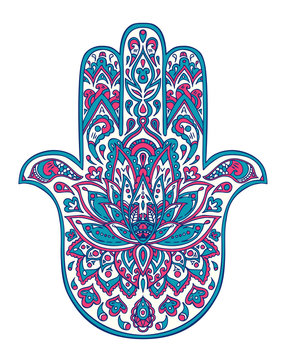 Vector illustration Indian hand drawn hamsa symbol with ethnic floral ornaments in Pink and Blue colors.