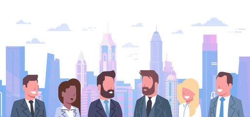 Group Of Business People Over Modern City Background Concept Team Of Successful Businessmen And Businesswomen Professionals Flat Vector Illustration