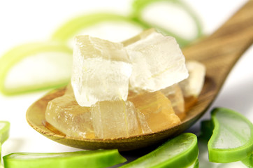 Aloe Vera Gel in Wooden Spoon.
