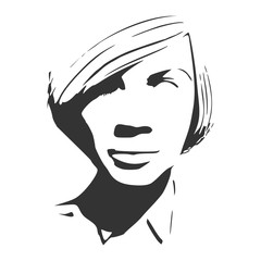 Face front view. Elegant silhouette of a female head. Short hair. Monochrome gamma.
