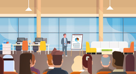 Business Man Giving Presentation Or Report, Training Meeting In Front Of Team Of Businesspeople Flat Vector Illustration
