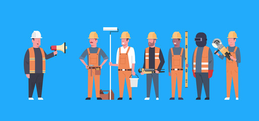 Costruction Workers Team Industrial Technicians Mix Race Man And Woman Builders Group Flat Vector Illustration