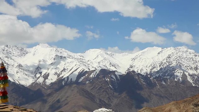 View of stupa in the valley of Lah with the snow mountain in the background, Ladakh, India