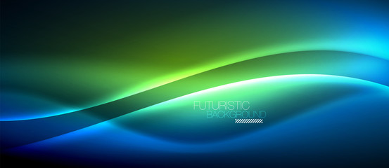 Neon glowing wave, magic energy and light motion background