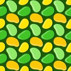 Fototapeta premium Seamless geometric pattern, mango in flat style on dark green background, stripes abstract template, vector illustration