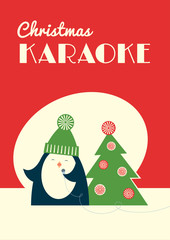 Retro styled Christmas karaoke party invitation leaflet. Cute cartoon penguin singing into a microphone standing near decorated fir tree. Red background. Vector illustration. Vertical format.
