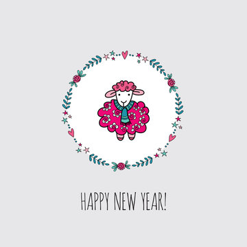 A cute sheep in a circle wreath with stars, swirls, sparkles and the words happy new year underneath, on a light grey background, vector illustration.