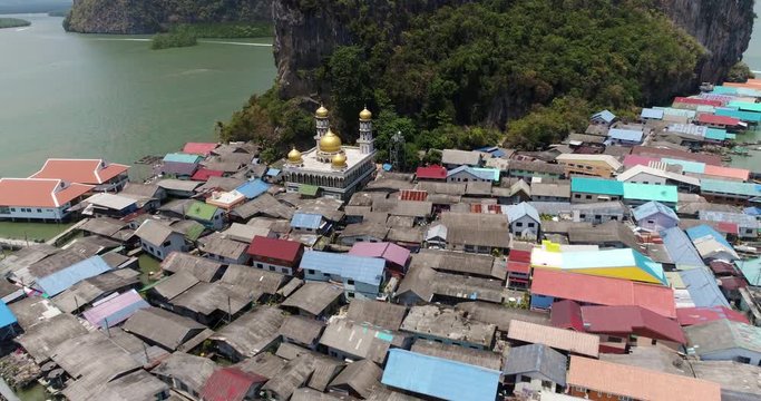 PHUKET, THAILAND, MARCH 2017: Aerial view over Ko Panyi, a floating village of the coast og Phuket.