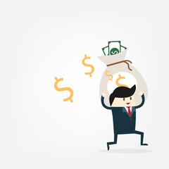 Happy Business man run and carrying a bag of banknote. Vector illustration