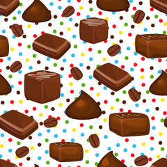Seamless pattern with chocolate candies and coffee beans.