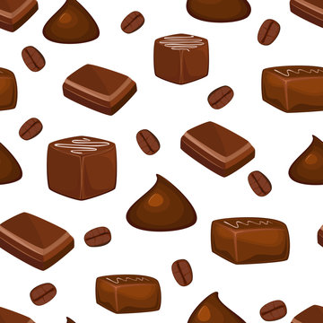 Seamless pattern with chocolate candies with coffee beans.