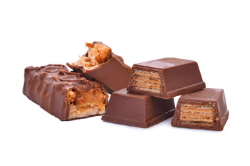 caramel and wafer chocolate isolated on white background