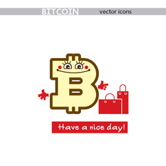 Bitcoin sign with smile. Concept - icon with a cheerful character. Cute emoticon; smiley on money topic and have a nice day.
