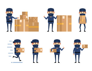 Set of ninja characters posing with parcel box. Funny ninja holding package, running, pointing to boxes and showing other actions. Flat style vector illustration © paper_owl