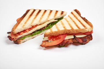 fresh sandwich close up with vegetables and meat isolated on white background