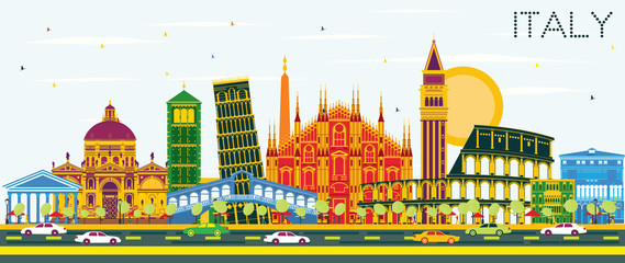 Italy City Skyline with Color Landmarks.