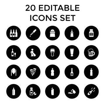 Bottle icons. set of 20 editable filled bottle icons