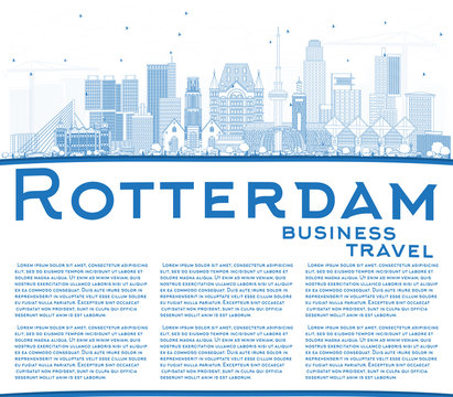 Outline Rotterdam Netherlands City Skyline with Blue Buildings and Copy Space.