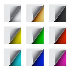 Different color sheet curl corners on grey background. Vector design element set.