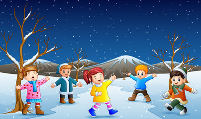 Cartoon kids playing in the snow