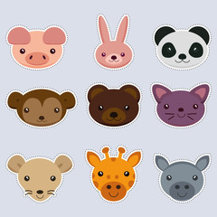 set of cute sticker with face animals