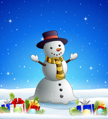 Cartoon snowman in the winter background with gift boxes and balls