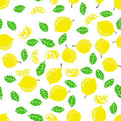 Hand drawn lemon, leaves and lemon slices pattern. Vector seamless background