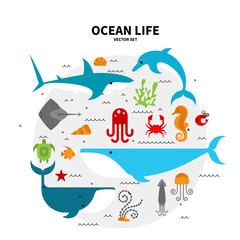 Collection of sea animals arranged in a circle. Flat style illustration isolated on background. Oceanarium collection for children books and posters.