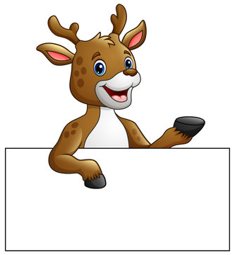 Cartoon deer holding blank sign presenting