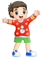 Happy boy cartoon wearing christmas sweater