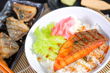 Japanese cuisine - Grilled salmon steak with rice and grilled saba fish with teriyaki sauce 