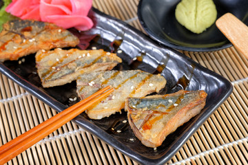 Japanese cuisine - Grilled salmon steak with rice and grilled saba fish with teriyaki sauce 