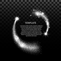 Silver star dust lights circle. Object is isolated on black background with translucent grid