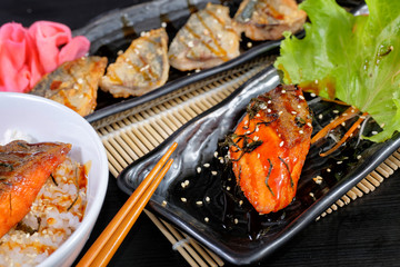 Japanese cuisine - Grilled salmon steak with rice and grilled saba fish with teriyaki sauce 