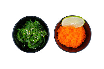 Japanese food appetizer seaweed salad and tobiko