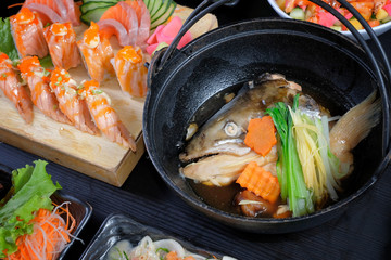 Japanese food salmon head soup and salmon sushi