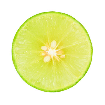 A slices of fresh lime with seeds isolated on white background, Top view.