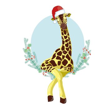 Giraffe head with Santa Claus hat vector graphic illustration.