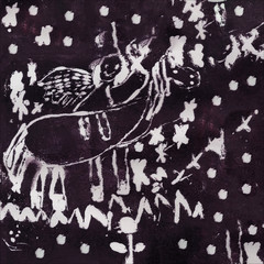 Christmas kids painting "Smiling Angel on the horseback". Black ink.