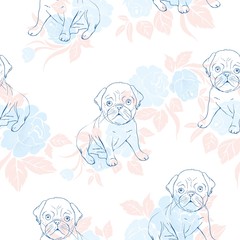 Seamless pattern with cute french bulldog on white background. Vector illustration.
