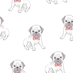 Seamless pattern with cute french bulldog on white background. Vector illustration.