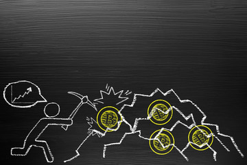 Bitcoin Cryptocurrency Concept. On Blackboard with chalk doodle, infographics are visual representations