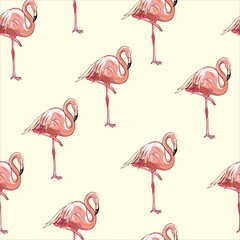 Obraz premium Beautiful seamless vector tropical pattern background with flamingo and hibiscus. Abstract texture, stripes. Perfect for wallpapers, web page backgrounds, surface textures, textile.