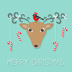 Reindeeer head. Merry christmas. Hanging stick candy cane. Bullfinch winter red feather bird. Cute cartoon deer face with curly horns. Blue background. Greeting card. Flat design