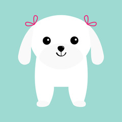 Maltese dog puppy White lapdog. Animal icon set. Cute cartoon character. Pet animal collection. Adopt concept. Flat design. Blue background. Isolated.